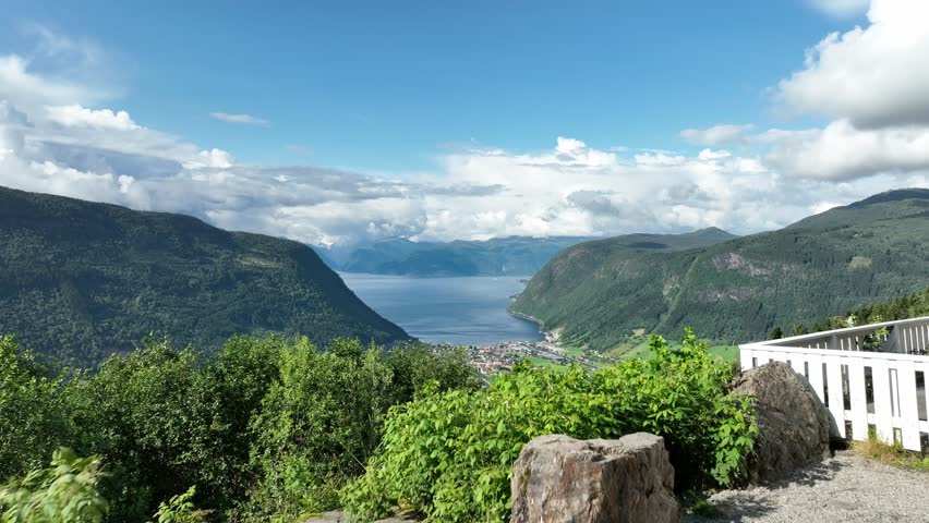 Aerial revealing stunning panoramic view of Vik in Sogn - Summertime Norway seen from Storesvingen viewpoint Royalty-Free Stock Footage #1107586447