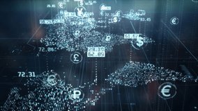 Global currencies exchange on abstract digital world map background. Stock market investment and trading concept. Transfer money technology and CBDC payments worldwide. Online banking account - Powered by Shutterstock - Get 15% off with code: PIKWIZARD15