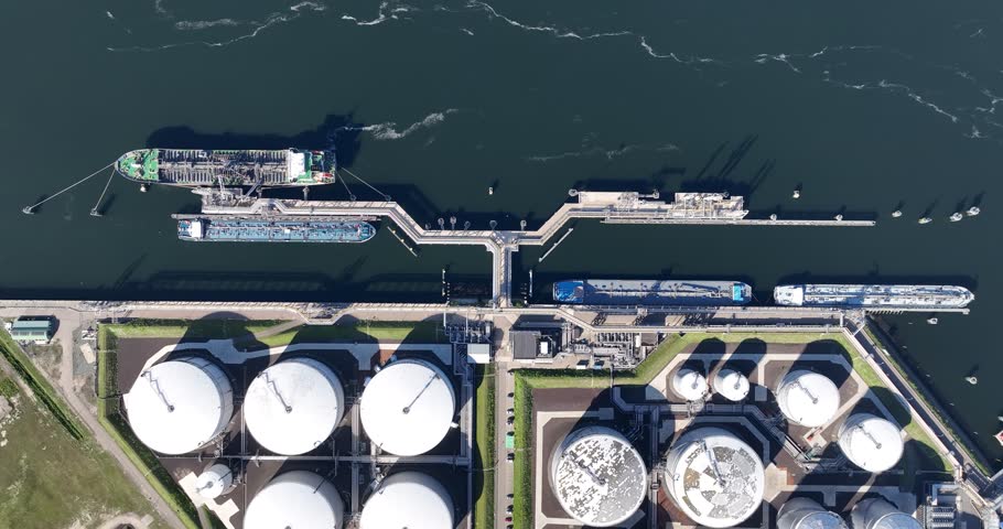 Aerial View: Ship Refueling Facility in Port of Rotterdam Royalty-Free Stock Footage #1107586827