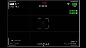 Professional Camera Screen Recording Overlay in Black Background. Viewfinder Display Interface with Iso, Aperture, Shutter speed and white balance parameters and setting. Video Record in 4K Resolution