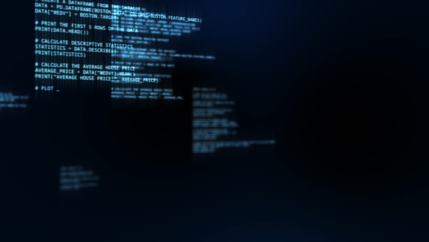 Abstract computer code software running in a virtual space.Programming code with on dark blue background, Seamless 3D digital Technology motion loop animation. Royalty-Free Stock Footage #1107588417