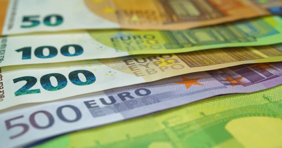 Euro banknotes of various denominations. Banknotes 500, 200, 100 and 50 Euro. Real euro money of various colors and nominals Royalty-Free Stock Footage #1107590295