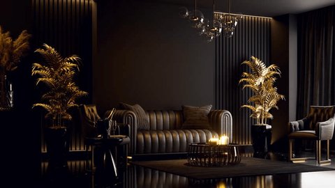 Animation of luxury classical style superior black living room interior 3d render ,There are black marble floor black leather furniture ,decorated with golden plam tree – Video có sẵn