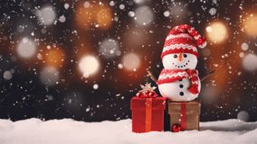Christmas decoration with snowman and gift box background. seamless looping time-lapse virtual video animation background.