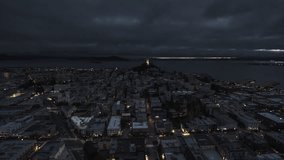Aerial View Shot of San Francisco CA, California, United States, America, downtown, financial district, dark city, cinematic mood