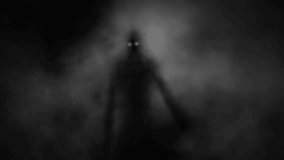 Gloomy ancient warrior with glowing eyes. Scary knight ghost with sword in smoke. Horror fantasy genre. Dark spirit cave. Animated video clip. Creepy short film for spooky Halloween and  Vj loops.