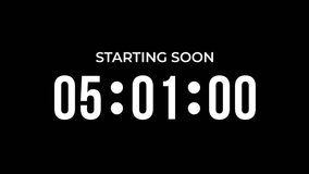Starting soon Digital countdown clock timer in 5 hours to zero second. White text number on isolated black background. Element for overlay concept. 4K footage motion video