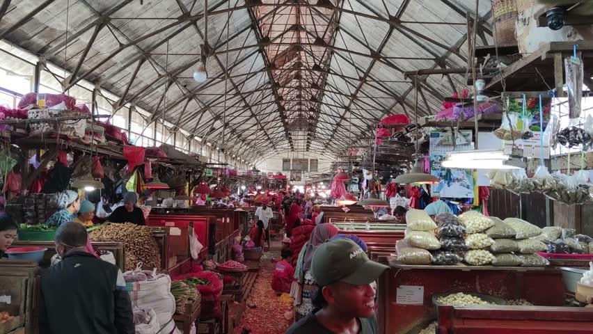 Surabaya, Indonesia - Aug 10 2023 : inside Pabean traditional market at surabaya city. Crowded Traditional Market Interior in Oldest Market of Surabaya Indonesia
