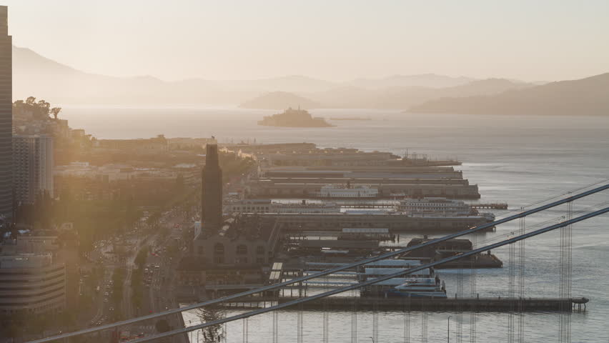 Establishing Aerial View Shot of San Francisco CA, California, United States, America, Alcatraz Prison Island, Embarcadero, Piers
