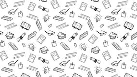 4k animated education concept motion pattern. Hand Drawn vintage learning icons texture. Doodle style pattern. Different school stationary texture isolated on white background. Back to school new term