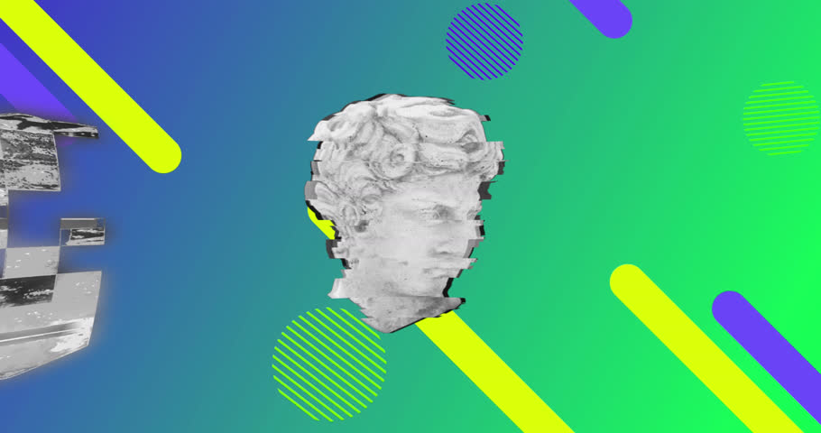 Animation of antique head sculptures over neon abstract shapes background. Abstract, shape, colour and movement concept digitally generated video.