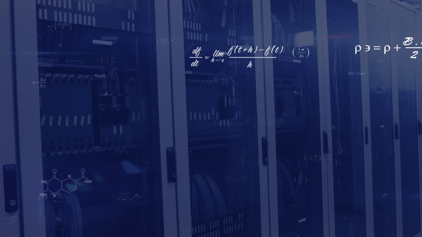 Animation of mathematical equations over data server racks in server room. Digital composite, multiple exposure, education, solution, data center, networking, technology and network server. - Powered by Shutterstock - Get 15% off with code: PIKWIZARD15