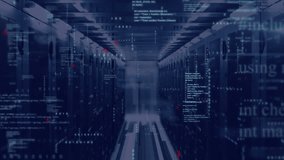 Animation of computer language and binary codes over bars on data server racks in server room. Digital composite, multiple exposure, coding, data center, networking, technology and network server. - Powered by Shutterstock - Get 15% off with code: PIKWIZARD15
