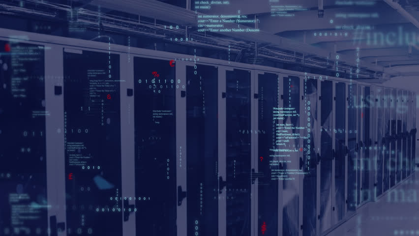 Animation of mathematical equations, binary codes and computer language over server room. Digital composite, multiple exposure, education, coding, data center, networking and network server concept. - Powered by Shutterstock - Get 15% off with code: PIKWIZARD15