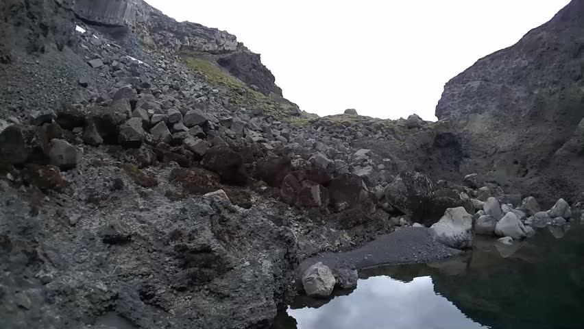 Tourist walking along dry icelandic canyon