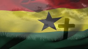 Animation of waving ghana flag against silhouette of a cross on grassland against clouds in sky. Patriotism, christianity and religion concept - Powered by Shutterstock - Get 15% off with code: PIKWIZARD15