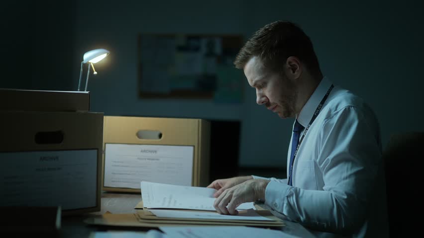 Police Inspector Looking Through Case Files Box, Murder Investigation Royalty-Free Stock Footage #1107622893