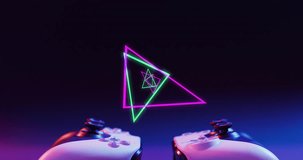 Animation of neon triangles over video game computer pads. Global video game, digital interface, data processing and connections concept digitally generated video.