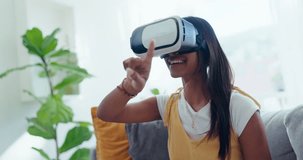 Virtual reality glasses, woman and happy in house for cyber experience, user interface or video game. Person, VR and gaming in lounge for future innovation, ui technology and simulation  