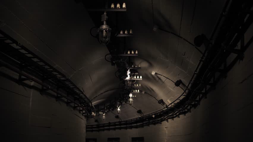 A long winding tunnel with old lamps and wires. A dark corridor with flashing lights, a creepy place underground, catacombs. Nuclear war, bomb shelters, underground tunnel.