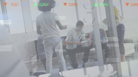 Animation of statistical data processing against team of diverse colleagues discussing at office. Computer interface and business data technology concept - Powered by Shutterstock - Get 15% off with code: PIKWIZARD15