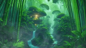 Green tropical forest with bamboo and fantasy house. Cartoon or anime illustration style. seamless looping 4K time-lapse virtual video animation background.