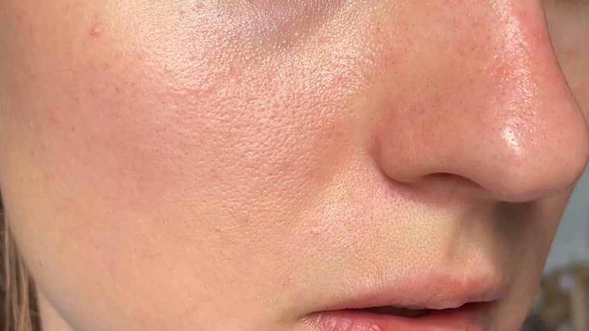 

Macro photo of big pore on oily facial skin type. Skin with enlarged pores. Care for problem skin. Sun, natural light Royalty-Free Stock Footage #1107634523