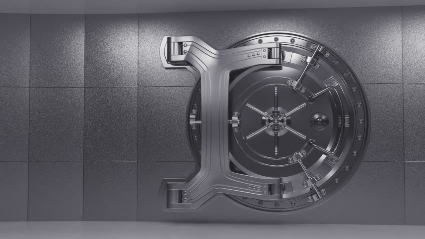 Round steel door of a bank vault. 3d opening animation with alpha channel Royalty-Free Stock Footage #1107639503