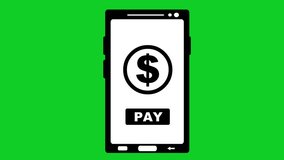 video animation icon pay online mobile phone, drawn in black and white. On a green chroma key background