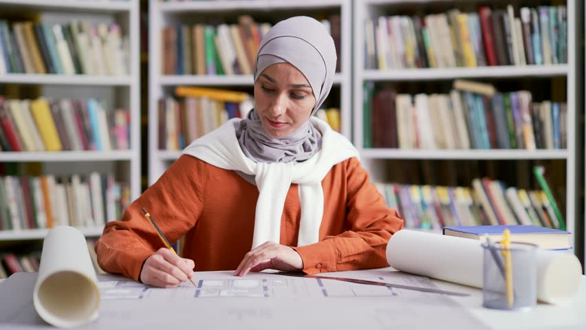 Muslim female student in hijab draws a project while sitting at desk in campus library space. Concentrated girl architect or designer uses pencil and ruler while working on homework during exam period - Powered by Shutterstock - Get 15% off with code: PIKWIZARD15