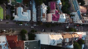 Aerial view of Kyiv city, Ukraine. Beautiful city center with old buildings.  Kyiv's Sunset: Breathtaking Panorama with Homes and Roads. Aerial vertical, vertical video background.