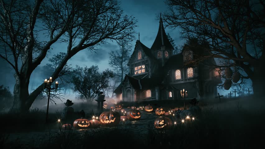 Spooky house on halloween night. Haunted house in night scary forest Royalty-Free Stock Footage #1107651251