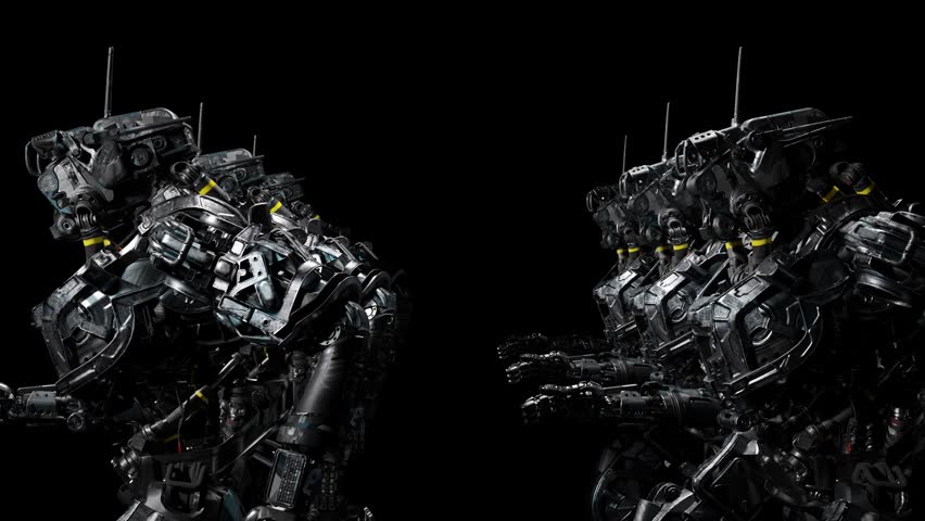 robot squad, cyborgs, synchronous movement, running motion, background for music, 3d render