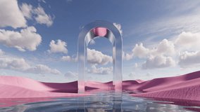 Abstract background of white clouds floating in the blue sky above the pink sand dunes and calm water. Surreal fantastic landscape with metallic arch in the middle of desert. 3d slow motion animation