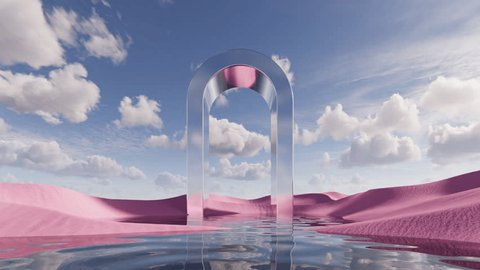 Abstract background of white clouds floating in the blue sky above the pink sand dunes and calm water. Surreal fantastic landscape with metallic arch in the middle of desert. 3d slow motion animation Stock-video