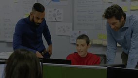 Animation of statistical, stock market data processing over diverse colleagues discussing at office. Global economy and business data technology concept - Powered by Shutterstock - Get 15% off with code: PIKWIZARD15