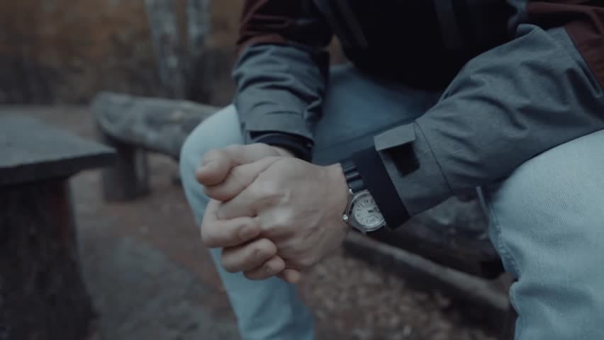 Men's hands rub against each other, get warm. A state of expectation or nervousness. Excitement expressed in gestures, a symbol of experience Royalty-Free Stock Footage #1107657659