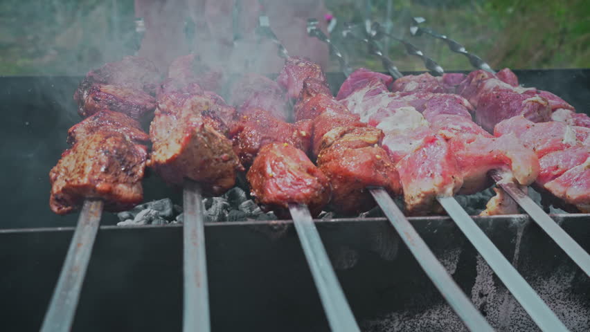 Carne En Brochetas A La Parrilla Sobre Un Fuego Abierto Con Humo