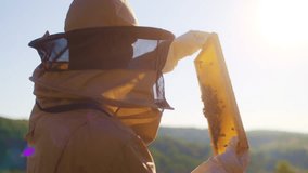 Beekeeper is holding up wooden frame with bees to control situation in bee colony. Farmer in protective suit working on bee field. Worker carring out bee hives. Man working in apiary. Apiculture. - Powered by Shutterstock - Get 15% off with code: PIKWIZARD15