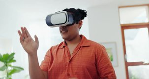 Virtual reality glasses, man and technology in home for cyber fantasy, digital world or video games. Guy, VR and iot gaming in living room for future innovation, ui system and multimedia in metaverse
