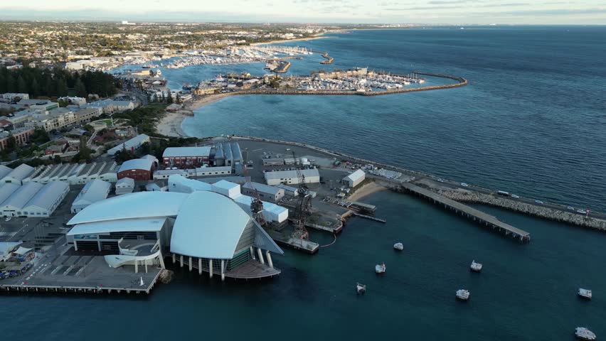 Maritime Museum on Victoria Quay of Fremantle harbour, Perth, Western Australia. Aerial drone view
