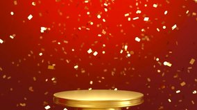 Looping video of Gold podium with gold confetti background, Golden podium display empty mockup