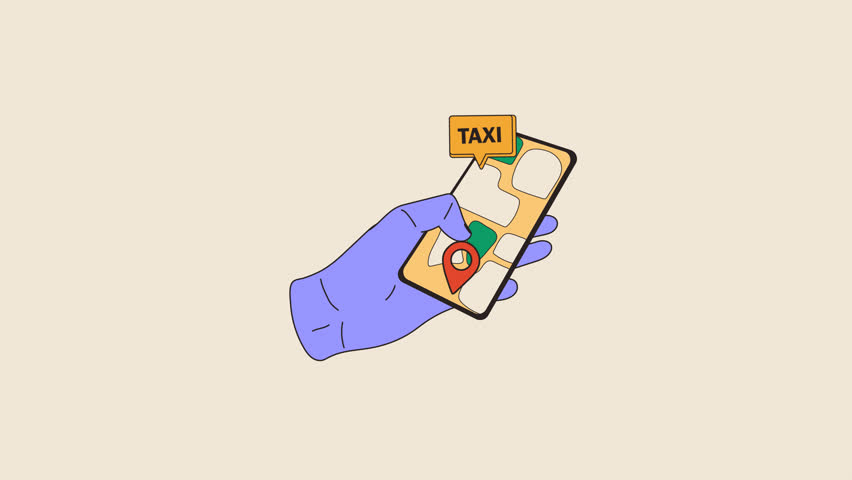 Animation Hand holding phone with app taxi on screen and decorative design elements. Video flat cartoon animation design element. 4K video footage, alpha channel