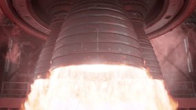 Close-up shot of Rocket Engine Ignition. Powerful and Hot Flames Burst out of the Nozzle after Initial Impulse. Space Exploration Rocket Launch. - Powered by Shutterstock - Get 15% off with code: PIKWIZARD15