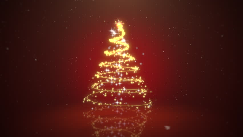 An animated golden light Christmas Tree forms on a festive red background and falling snow.
