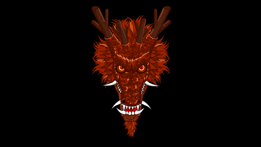 Animation of a Chinese dragon head with black background, cartoon, 2d animation.