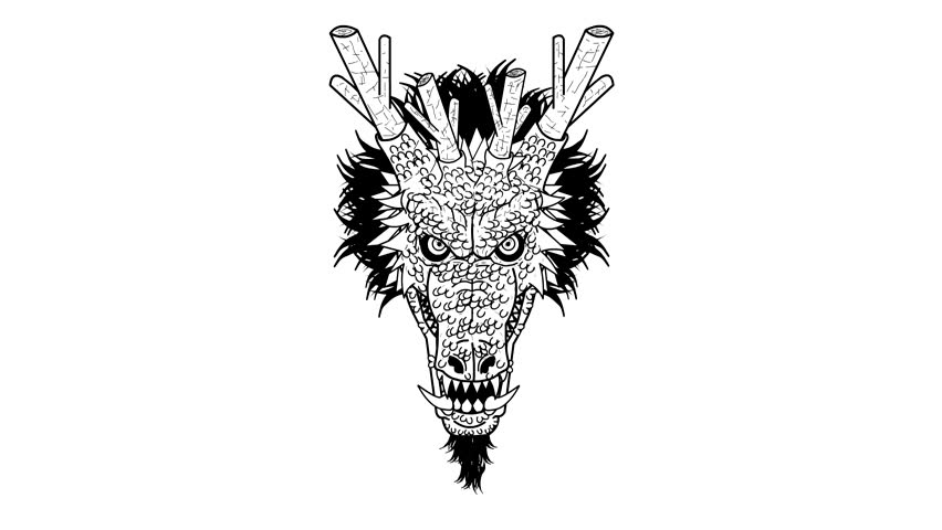 Animation of a Chinese dragon head in black and white, cartoon, 2d animation.