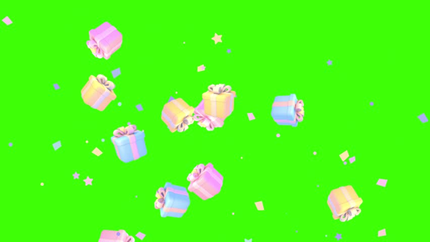 Cartoon gift boxes and confetti on green screen background animation.