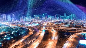 Smart City Data Network and Technology 5G Passing Through Modern City Downtown, Amazing Aerial Shot Futuristic City skyline. High Speed Digital Communication and Big data. Artificial Intelligence, IOT - Powered by Shutterstock - Get 15% off with code: PIKWIZARD15