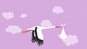 Stork delivering A Newborn baby girl to destination on pink background with clouds - 4K Animation Video Motion Graphics